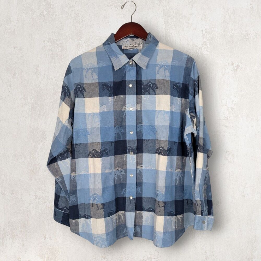 Adobe Rose Womens Shirt 1X Blue Western Horse Check Print Pearl Snap Long Sleeve